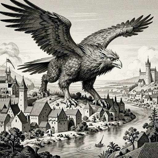 Feathered Ogre Over Medieval Town