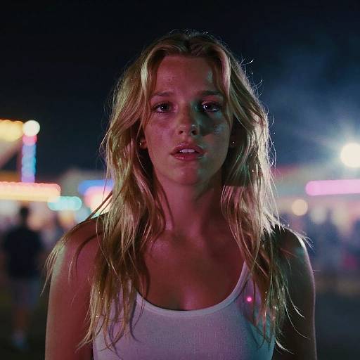 Photograph of a wet, blonde-haired woman with light skin, wearing a white tank top, against a night-time, brightly lit carnival background.