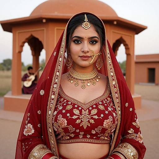 Photograph of a beautiful Indian bride in a red and gold traditional outfit, adorned with jewelry, standing in front of an orange-domed building. Background