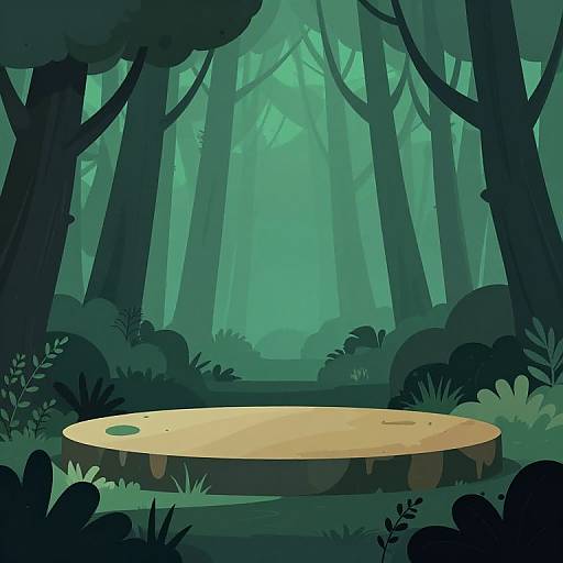 Digital illustration of a lush, teal-green forest with tall, dark trees and a circular, wooden platform in the foreground.