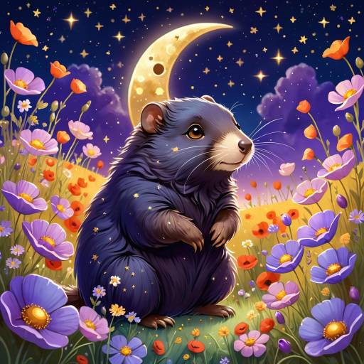 Dreamy Mole Among Poppies at Night