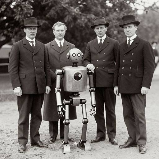 Black-and-white photograph of four men in early 20th-century suits and hats, standing with a small, round, robotic figure in the center outdoors