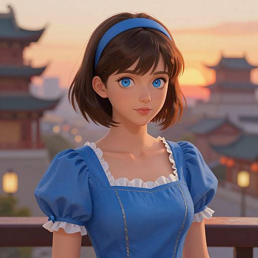Digital art of a young woman with large blue eyes, brown bob hair, blue headband, and blue dress with white trim, set against a sunset