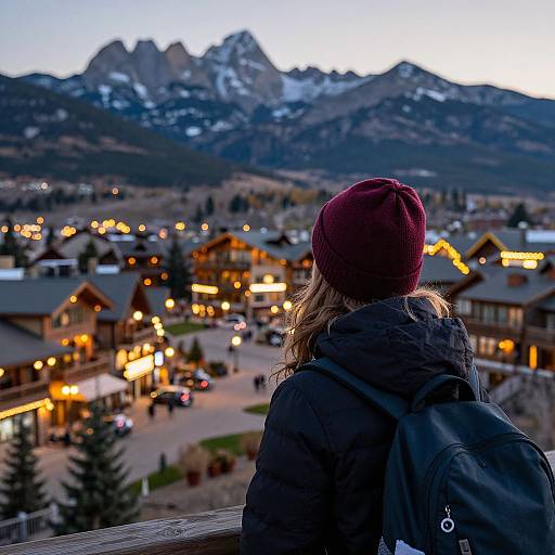 Photograph of a woman with wavy hair, wearing a maroon beanie and black jacket, overlooking a snowy mountain village at dusk, with warmly