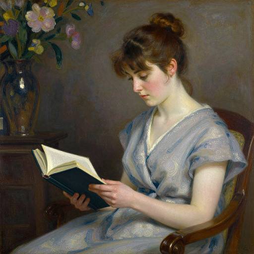 Photorealistic painting of a fair-skinned woman with brown hair in a bun, wearing a blue patterned dress, reading a book, with a