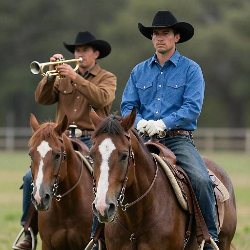 Cowboys on Horseback in Serene Landscape