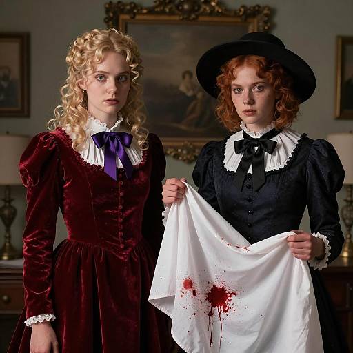 Two Women in Victorian Dresses Holding Bloody Fabric