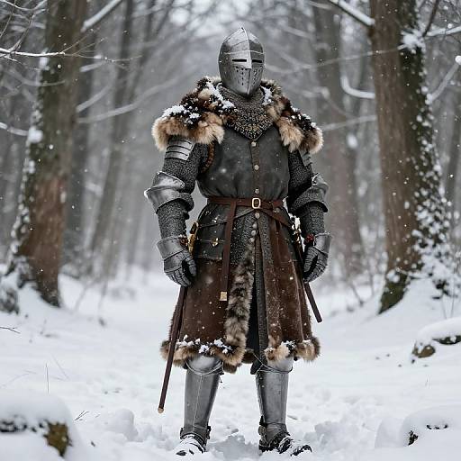 Photograph of a medieval knight in silver armor, fur-trimmed winter cloak, standing in a snowy forest; snowflakes falling around.