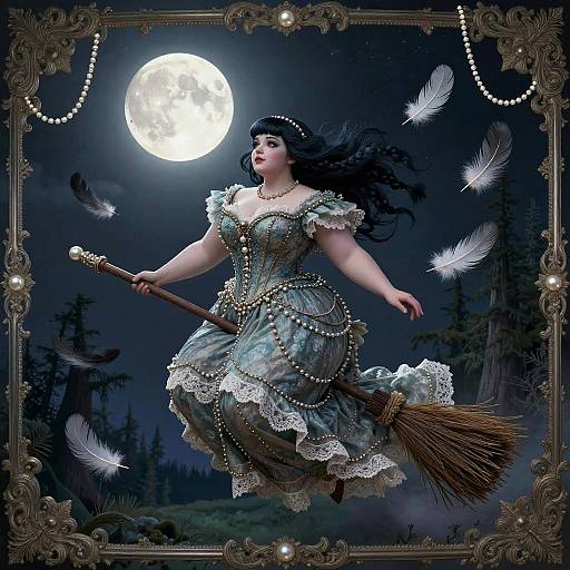 Plump Gothic Witch in Moonlit Flight