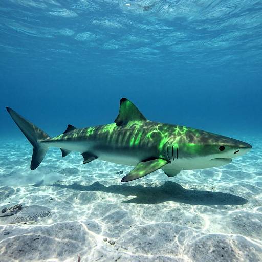 Photograph of a vibrant green and black striped shark swimming underwater over a sunlit, clear, sandy ocean floor.