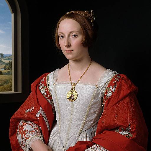 Renaissance portrait of a pale-skinned woman with brown hair, wearing a white dress, red embroidered robe, and gold necklace with a pendant,