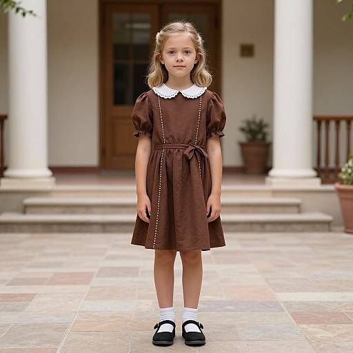 Photograph of a young blonde girl with wavy hair, wearing a brown dress with white collar, white socks, and black shoes, standing on a