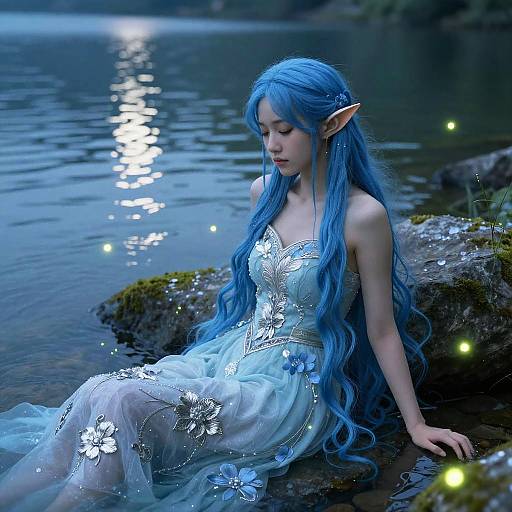 Blue-Haired Elf by Moonlit Lake