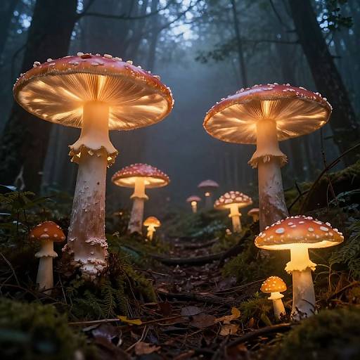 Photograph of glowing, red-capped mushrooms with white gills and speckled tops in a misty, dark forest, illuminated from below.