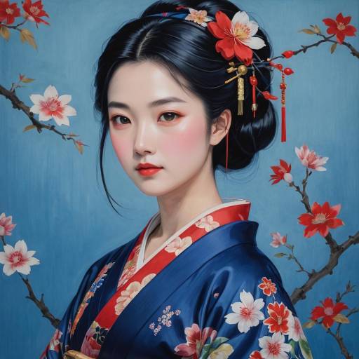 Elegant Japanese Girl in Blue Kimono