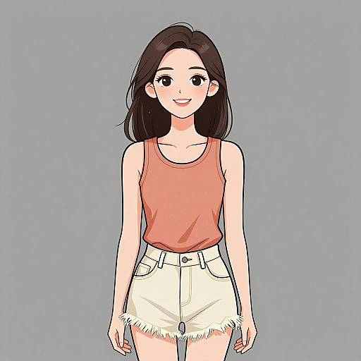 Digital anime-style drawing of a smiling young woman with straight black hair, wearing a coral tank top and white frayed shorts.