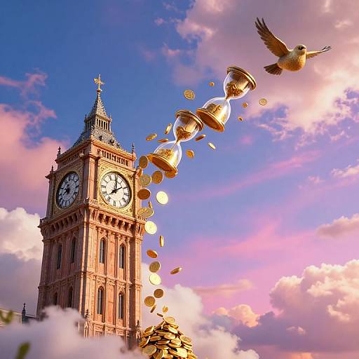 Photograph of Big Ben clock tower with golden coins and birds flying upward against a pink and blue sky.