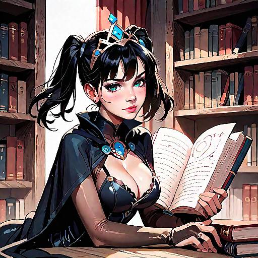 Anime Sorceress Reading in Library