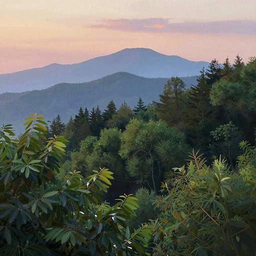 Photograph of a serene mountain landscape at sunset, featuring layered blue and purple hills, dense green forest with pine trees, and a pink-orange sky.