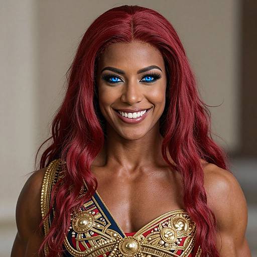 Photograph of a muscular, dark-skinned woman with vibrant red hair, striking blue eyes, and a broad smile. She wears an ornate,