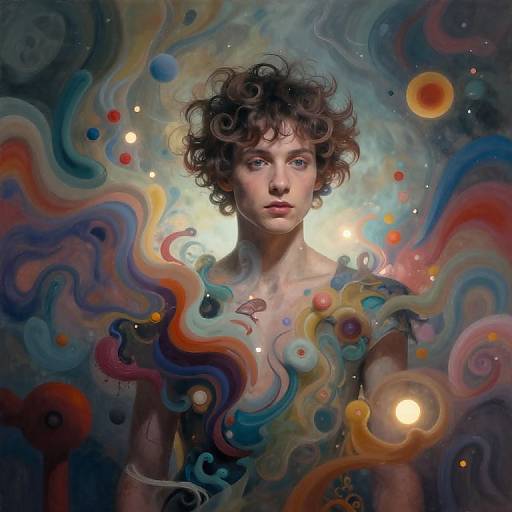 Surreal Dreamscape Figure with Glowing Orbs