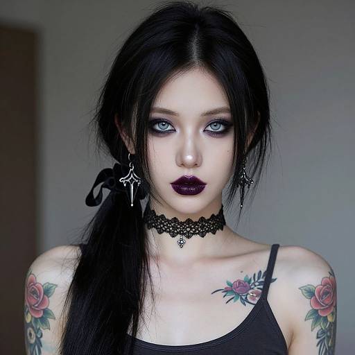 Photograph of a pale, gothic woman with black hair, blue eyes, dark lipstick, lace choker, black tank top, floral tattoos,