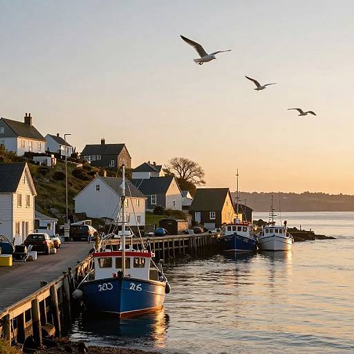 Photograph of a quaint coastal village at sunset, featuring white houses, docked fishing boats, calm water, and birds flying overhead.