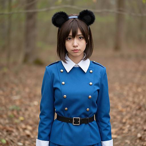 Photograph of an Asian woman in a blue military-style jacket with bear ears headband, white collar, black belt, standing in a forest.