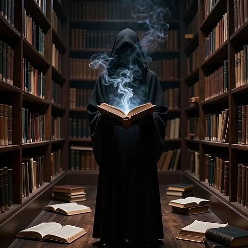 Mysterious figure in black hooded robe, illuminated by blue smoke from open book, stands in dimly lit, crowded library aisle.