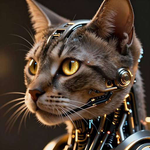 Close-up photograph of a cybernetic tabby cat with glowing yellow eyes, intricate metallic headgear, and exposed mechanical neck, set against a dark