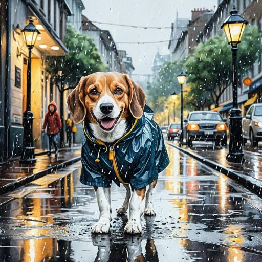 Beagle in Raincoat on Rainy Street