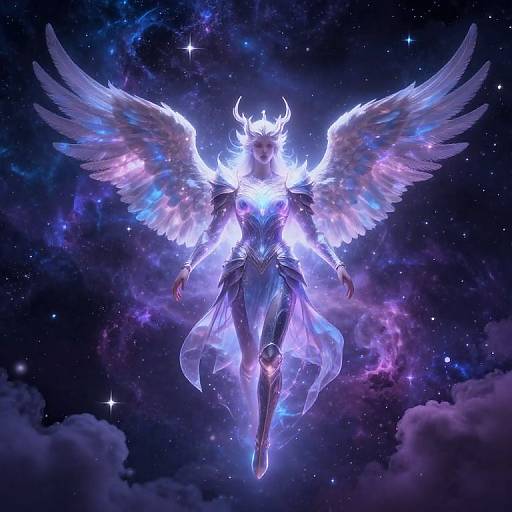 Digital art of a radiant, ethereal angel with glowing white wings and horned head, floating in a starry, cosmic sky.