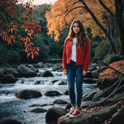 Young Woman Standing by Stream in Autumn Park