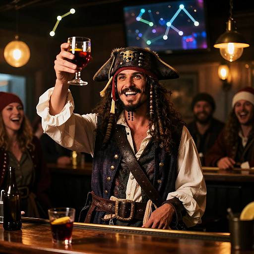 Pirate Toasting with Mulled Wine in Festive Pub