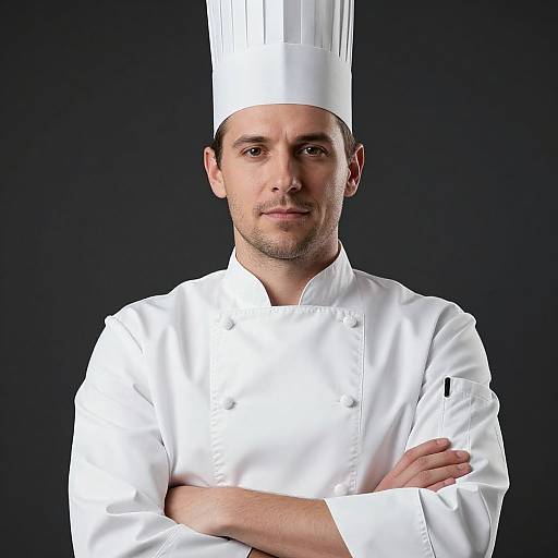 Photograph of a male chef with light skin, short dark hair, and brown eyes, wearing a white chef's uniform and tall hat, standing against