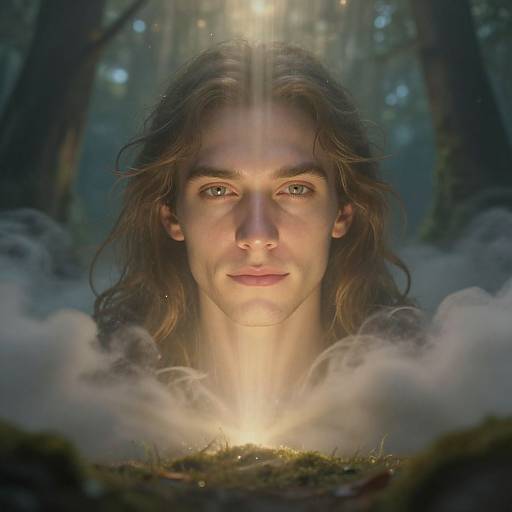 Photorealistic digital artwork of a long-haired, fair-skinned man with piercing blue eyes, surrounded by mist, with light beams illuminating his face