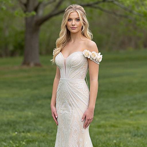 Blonde woman with wavy hair in a white, off-shoulder, lace wedding dress with flower accents, standing in a green grassy park