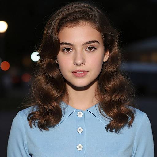 Photograph of a young woman with wavy brown hair, fair skin, and brown eyes, wearing a light blue button-up shirt, against a dark