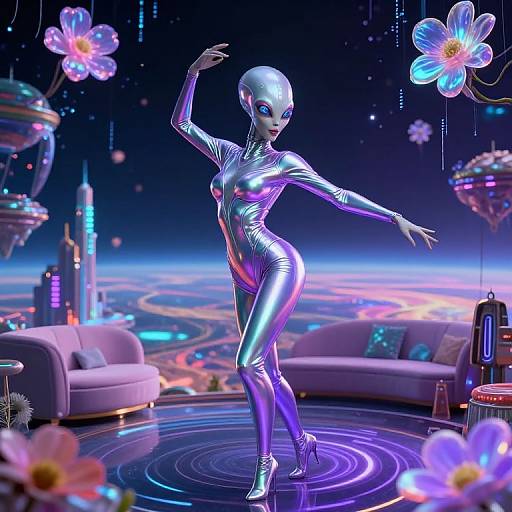 CGI image of a silver, futuristic, humanoid woman in a tight, shiny bodysuit, dancing on a glowing, neon-lit stage with