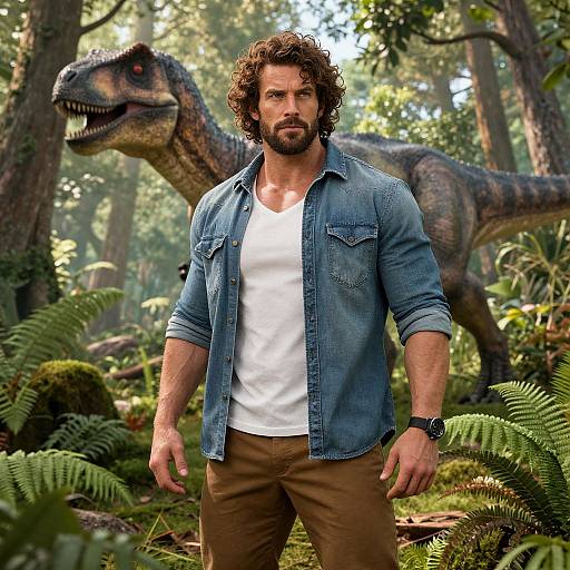 Photorealistic digital image of a muscular, bearded man with curly brown hair, wearing a denim shirt and white tank top, standing in a forest