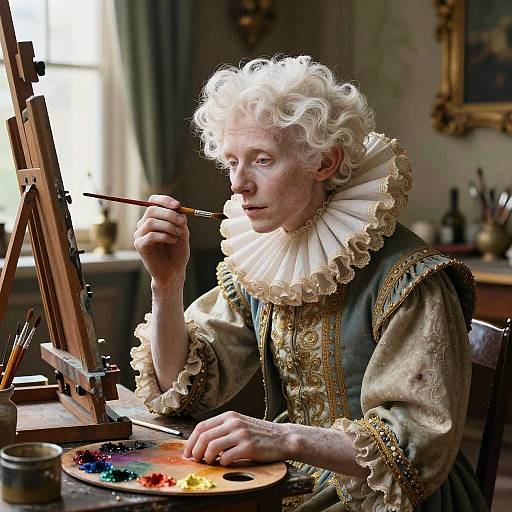Photograph of an elderly, pale-skinned, white-haired artist with curly hair, wearing elaborate 17th-century attire, painting at an easel