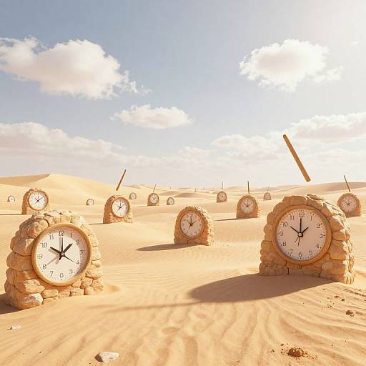 Photograph of numerous clock faces embedded in sandy desert terrain under a bright blue sky with scattered white clouds.