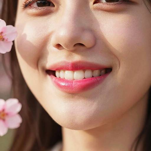 Close-up photograph of a smiling Asian woman with fair skin, pink lips, and white teeth, with pink cherry blossoms in the background.