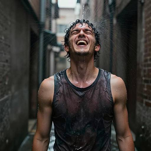 Intense Man in Rainy Alley