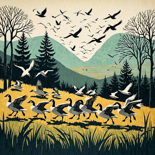 Gaggle of Geese in Meadow Lithograph