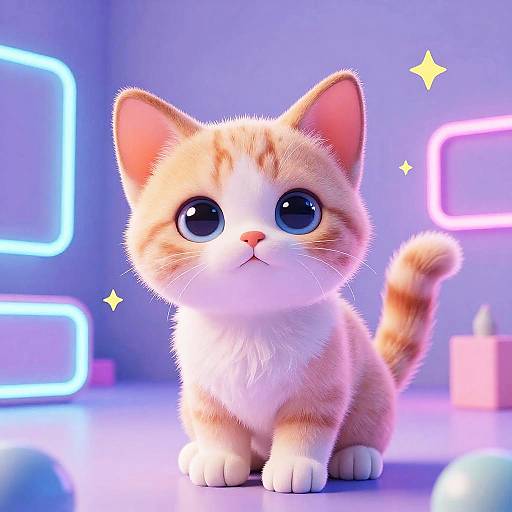 Adorable digital CGI of a fluffy, wide-eyed, orange-and-white kitten with big blue eyes, sitting in a neon-lit room.
