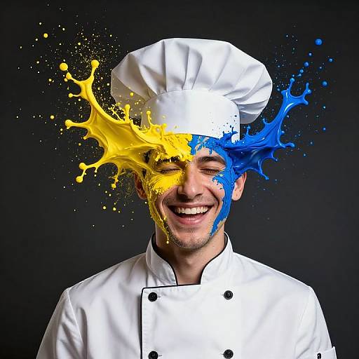 Photograph of smiling male chef with white hat, white double-breasted jacket, face splashed with vibrant yellow and blue liquid against dark background.