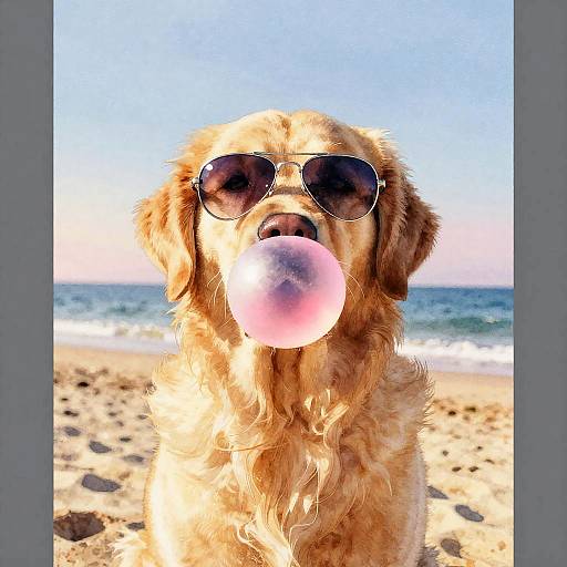 Golden Retriever Wearing Sunglasses Blowing Bubblegum on Beach