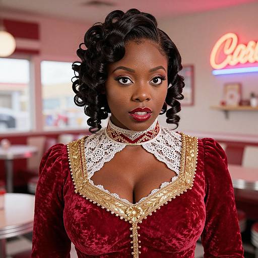 Photograph of a dark-skinned Black woman with curly black hair, wearing a red velvet Victorian dress with gold lace, standing in a retro diner with