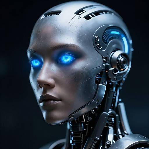 CGI image of a metallic, humanoid robot with glowing blue eyes, intricate mechanical components, and a sleek, futuristic design against a dark background.